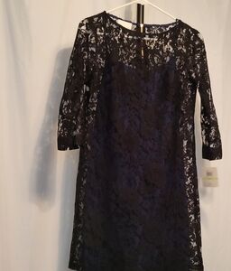 Elegant Black Lace Dress With a Navy Slip Underneath, Size 4P, NWT